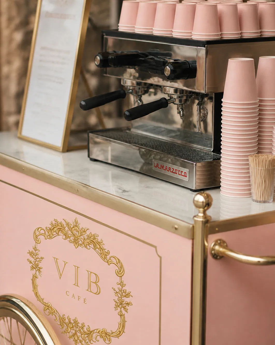 Detail of the blush pink coffee cart with gold trim, espresso machine and cream cups