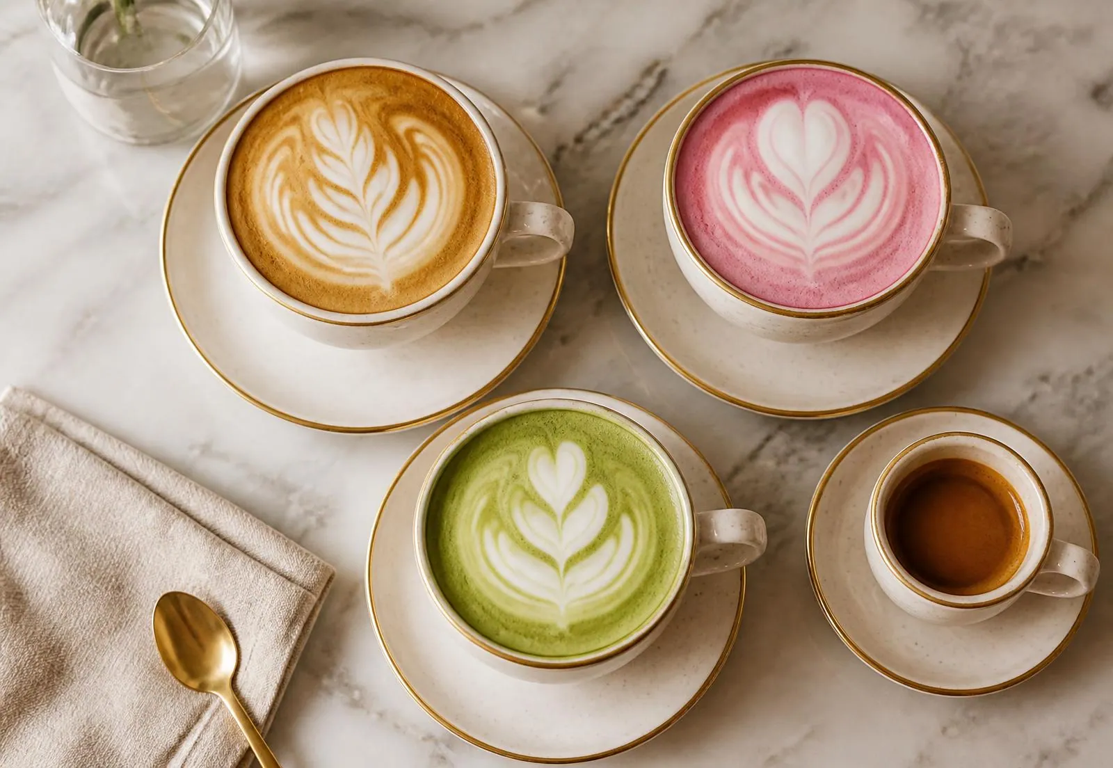 Cappuccino, pink latte, matcha latte and espresso in cream cups with gold rims