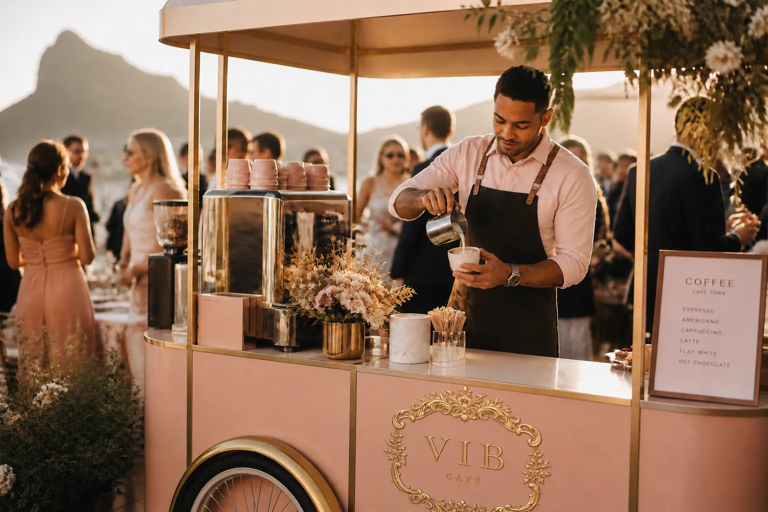 VIB Cafe's pink mobile coffee cart with a barista pouring latte art at a Cape Town event