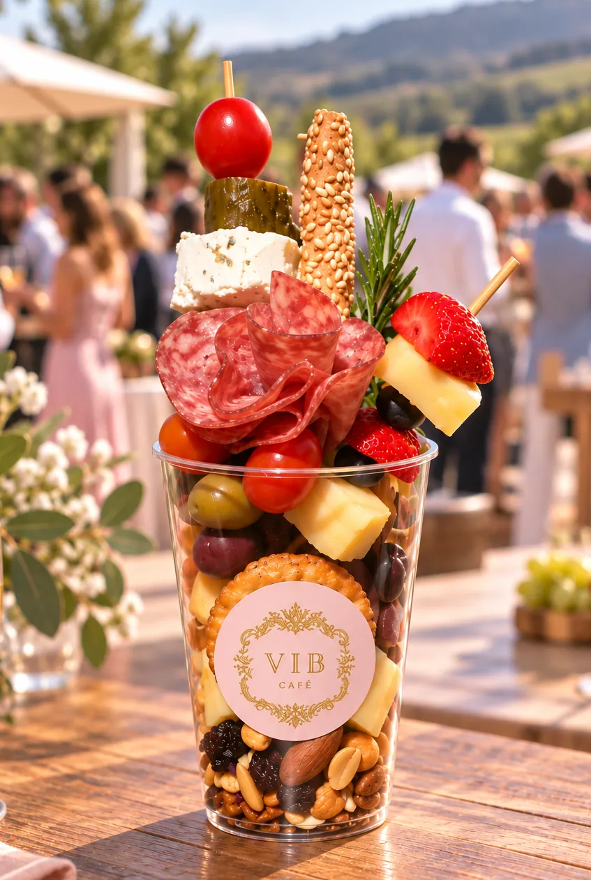 Charcuterie cup with salami, cheese, olives, a breadstick and rosemary